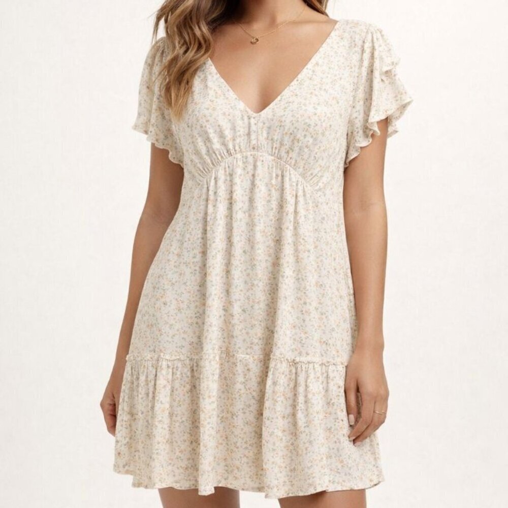 Mahina Floral V-Neck Babydoll Dress Flutter Sleeve Tiered Boho Women’s Small